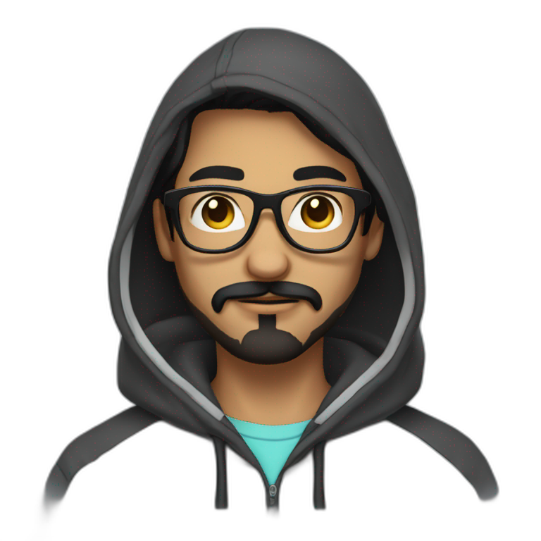 Young man with black hair moustache and beard wearing a hoodie and glasses emoji