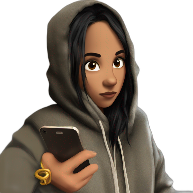 hooded girl holding phone emoji