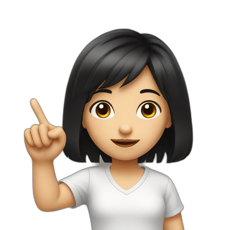 small girl with black hair showing hand with 1 finger up, pointer finger emoji