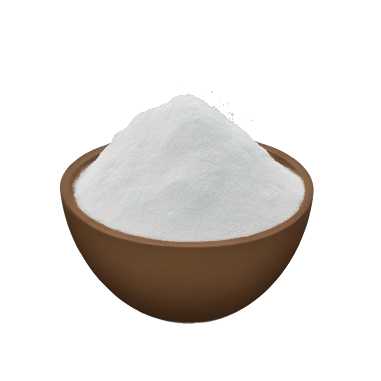 Brown bowl filled with white powder on a gray background.