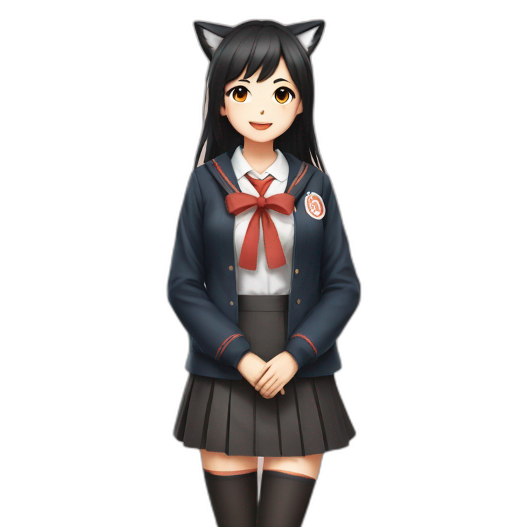 beautiful fox girl with black haired in Japanese school uniform Full length emoji