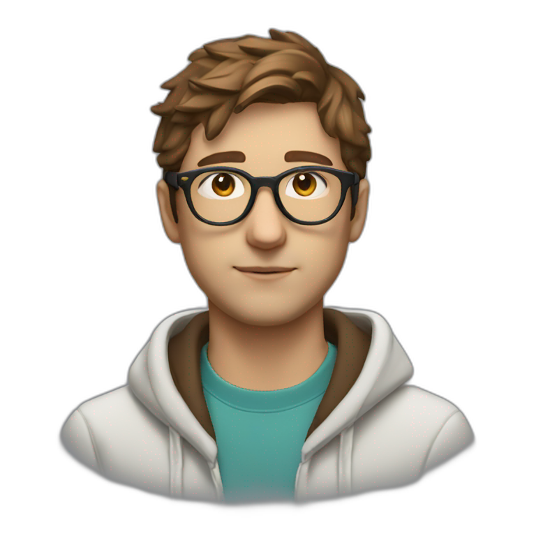 Profile shot white male heart face messy brown short tapered hair with clear plastic glasses and hoodie emoji