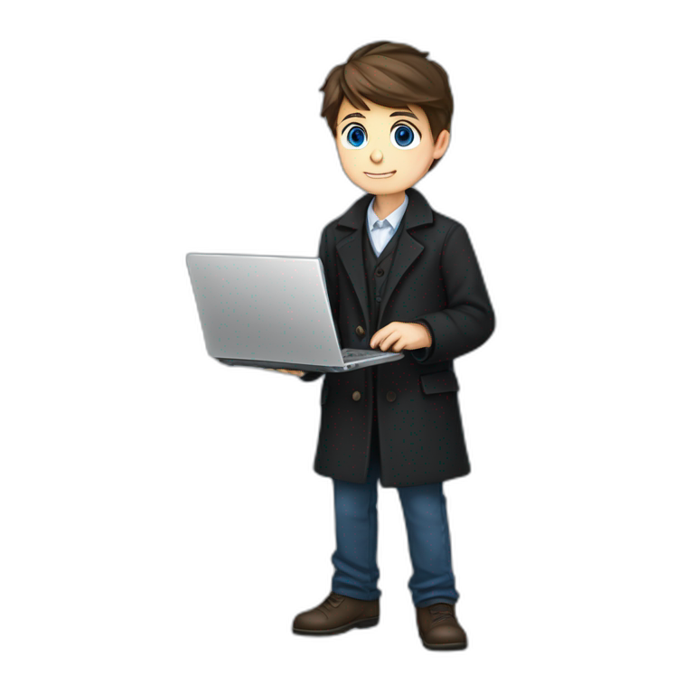 Blue eyes ,uses laptop in hands, uses laptop in hands, Blue eyes, Classy programmer, 13 years old, coat, formal outfit, pc in hands, brunette boy, black coat, all body emoji