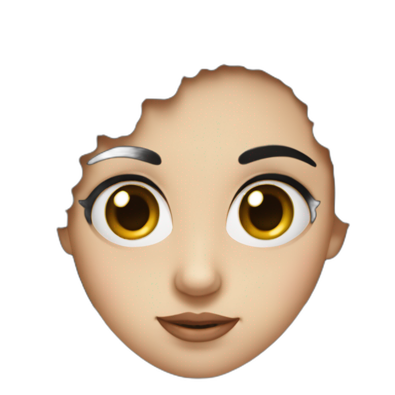 A girl with black hair, bushy eyebrows, big eyes, an average nose, an average nose and a rounded face emoji