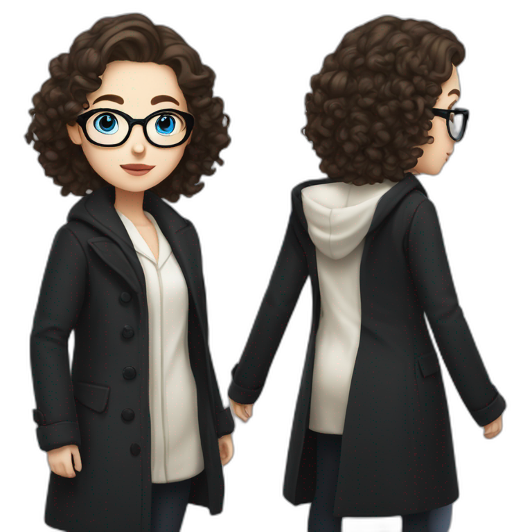full length girl in a black coat, glasses with big blue eyes and white skin and curly brown long hair and aristocratic high cheekbones emoji