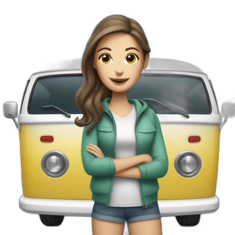 Hip white brunette woman with a sporty camper van emoji