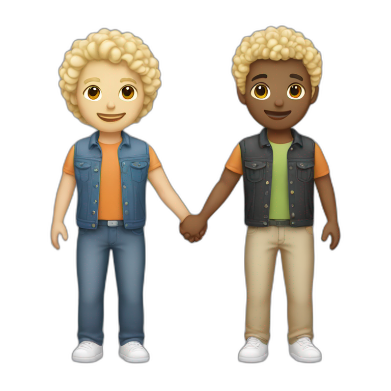 Gay couple, 1 Latino heritage taller, the other one white Australian blonde hair curly holding hands emoji