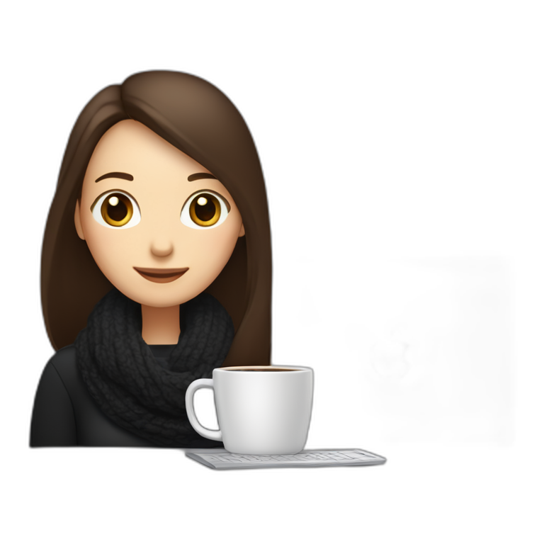 eyes closed smiling woman with pale skin middle dark brown long straight hair with a laptop and a large coffee mug wearing a black woolly shirt and a black woolly scarf emoji