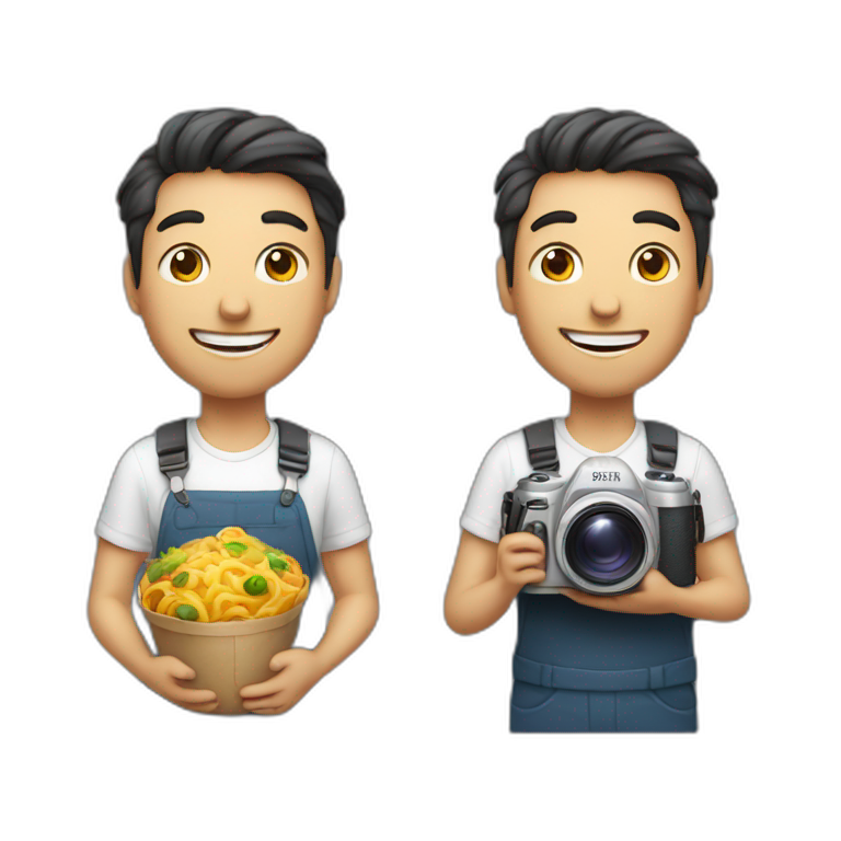 man with camera in one hand and food in other hand, happy smiling emoji