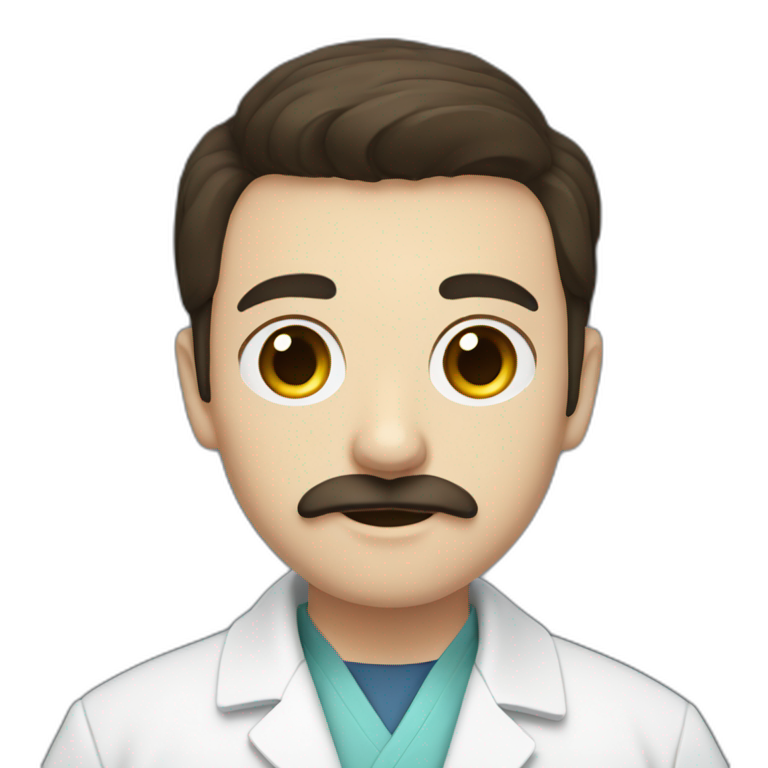 Young, dark-haired, blue-eyed man with a moustache and goatee wearing a doctor's coat emoji