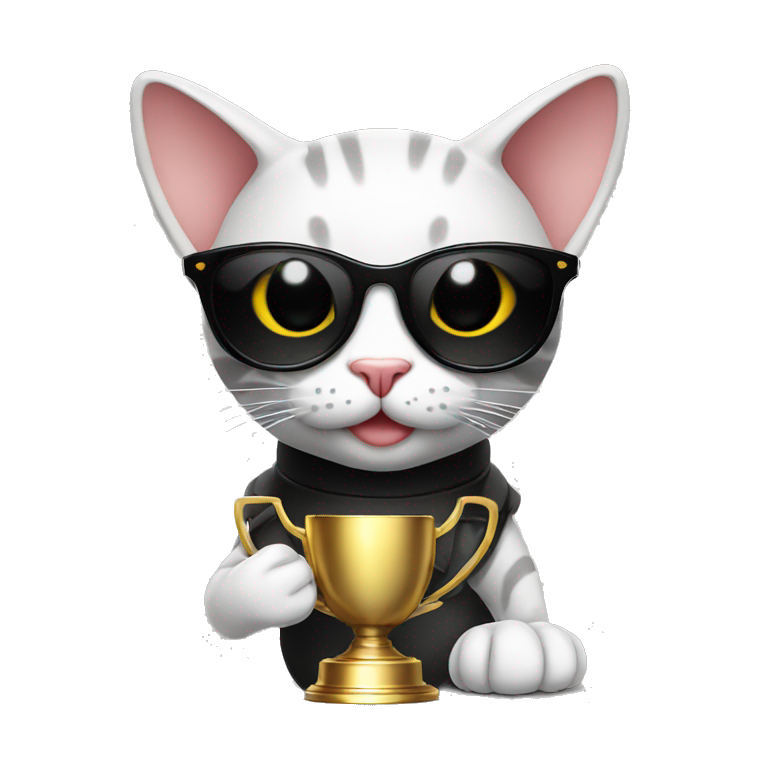 cat wearing sunglasses holding up a number 10 trophy emoji