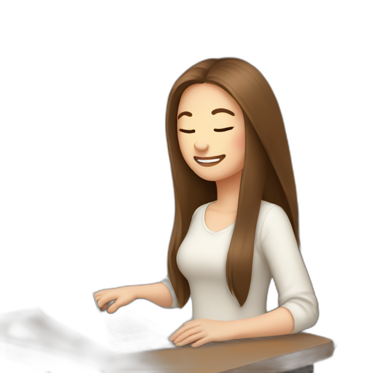 smiling woman pale skin middle brown long straight hair with a closed laptop and a coffee mug wearing a white woolly shirt having her eyes closed emoji