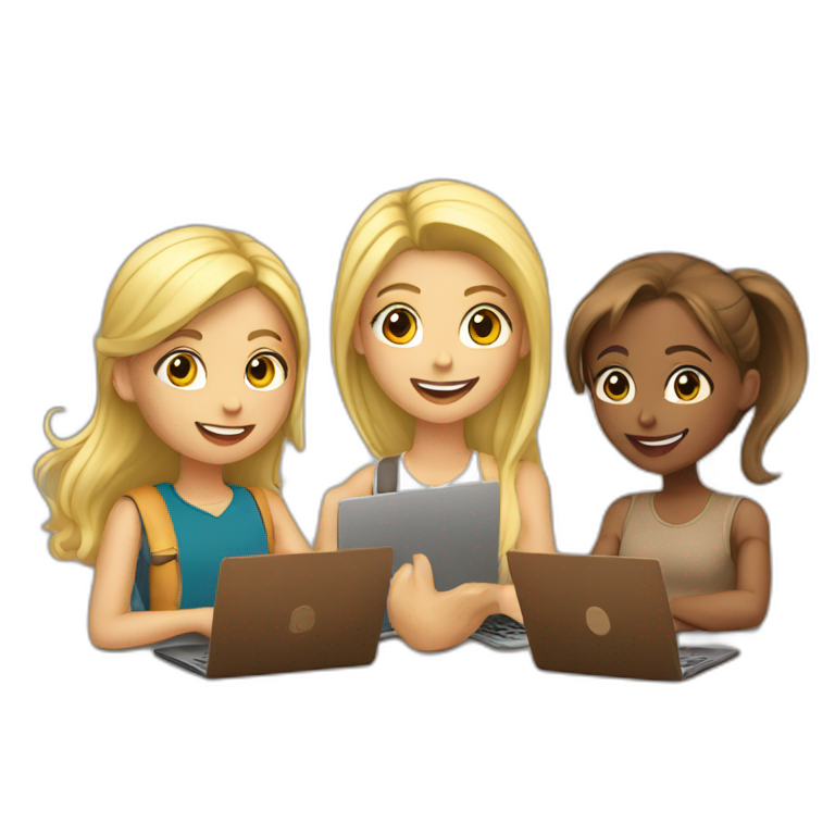 Blond Girl an Brown Girl with Camera, Handy and Laptop emoji