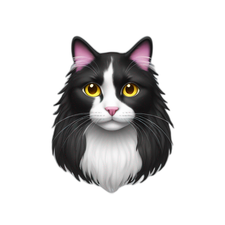 black and white long hair cat with pink nose and yellow eyes emoji