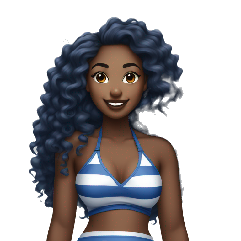 Black curvy woman with long curly and a blue and white striped halter top full body, naval piercing, dimples and lip gloss emoji
