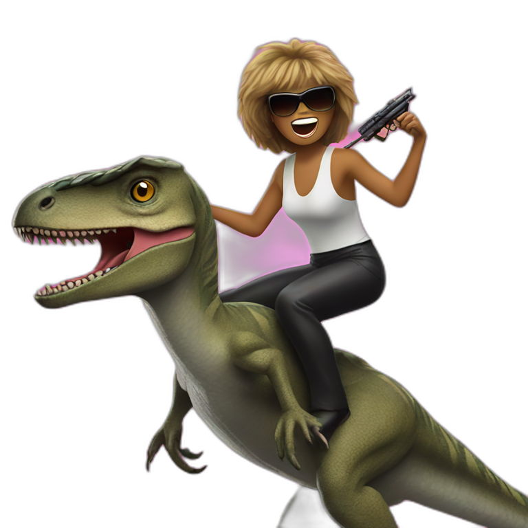 Tina turner riding a velociraptor whilst shooting lasers emoji
