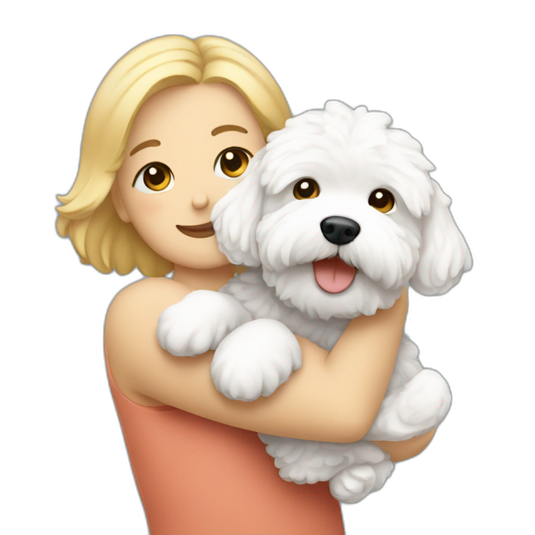 a woman and man hugging white maltipoo emoji