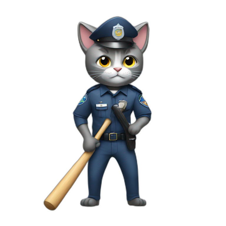 grey cat in a police uniform holding a baseball bat emoji