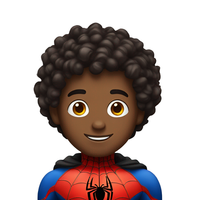 wearing black red spider man costume and has curly hair and smiling emoji