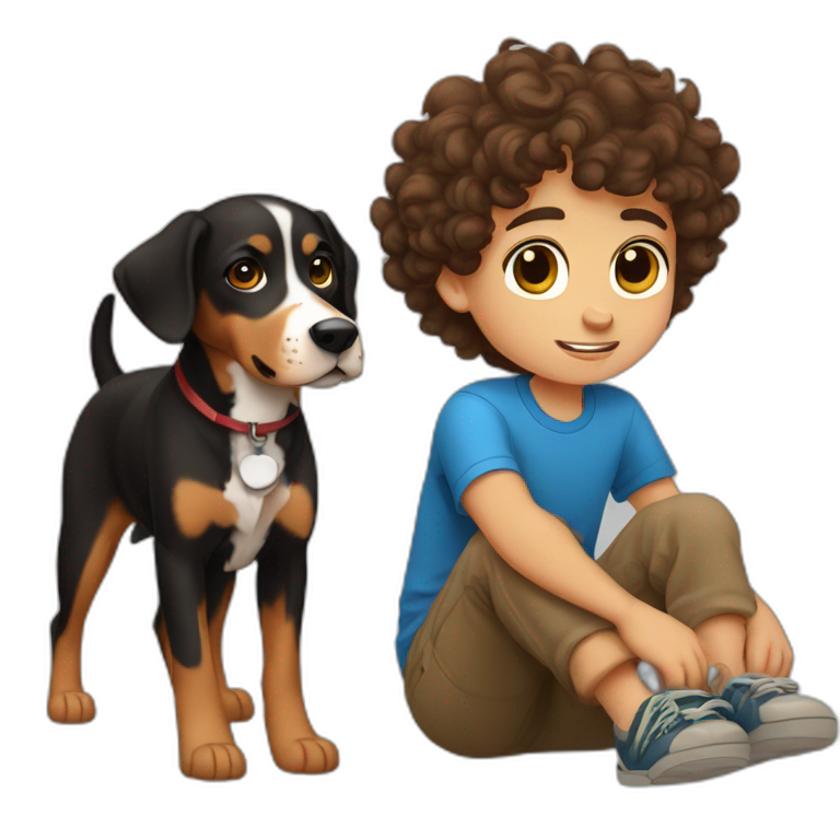 Russian Boy with curly brown hair with dog Entlebucher zennenhund emoji