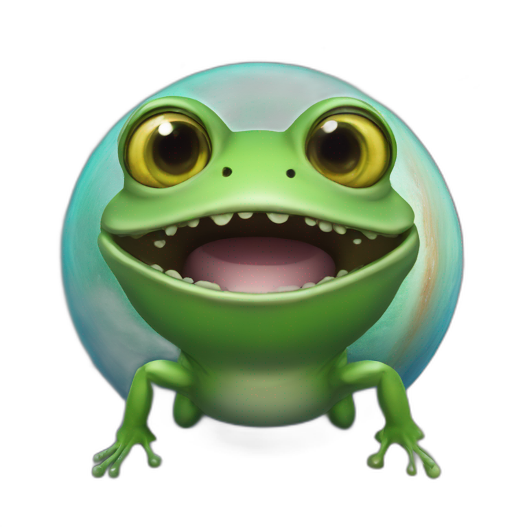 planet Saturn with a cartoon grinning frog face with big eyes emoji