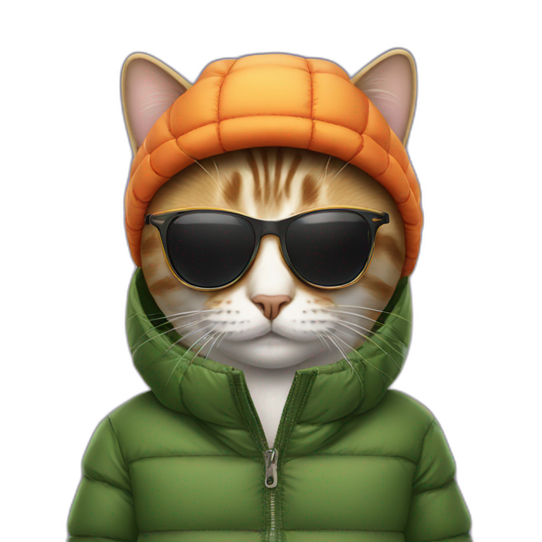 Cat with sunglasses and hat  wearing puffer jacket emoji