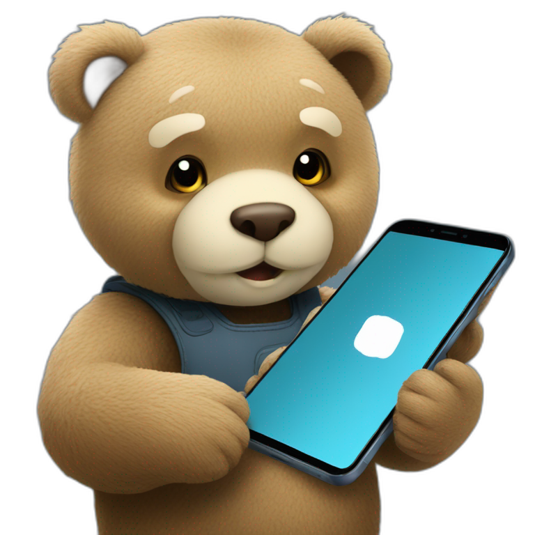 Teddy bear looking at smart phone screen that has an otter on it  emoji