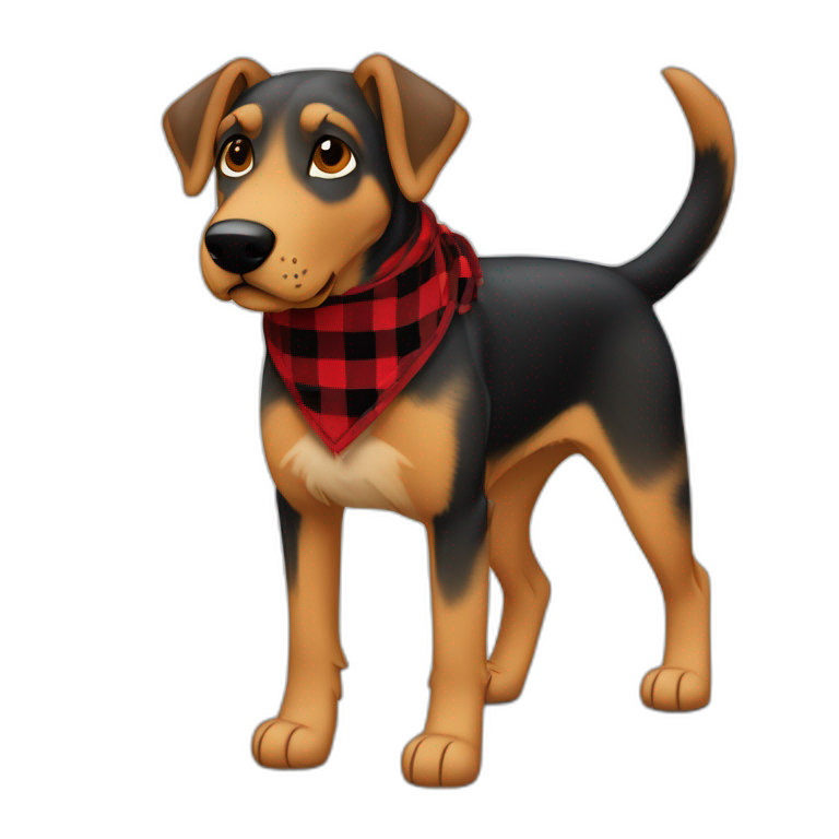 adult 75% Coonhound 25% German Shepherd mix dog with visible tail wearing small pointed red buffalo plaid bandana full body walking left quickly emoji