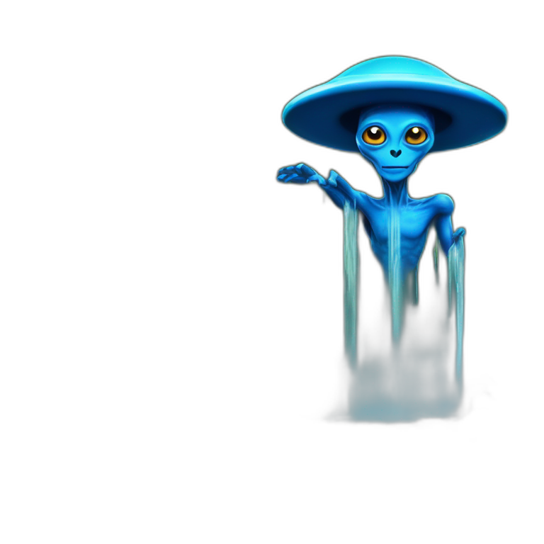 A blue alien wizard standing on a UFO near the edge of a waterfall emoji