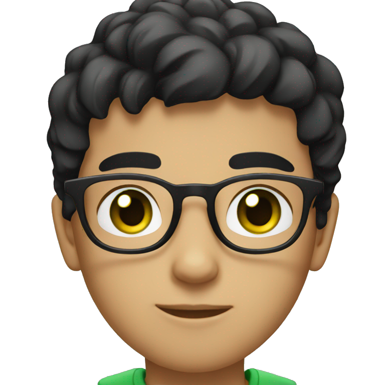 Young boy with black hair green eyes and black glasses wearing a white T-shirt emoji