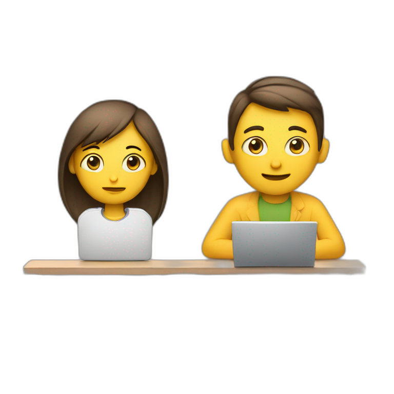 one person with laptop, another person observing emoji