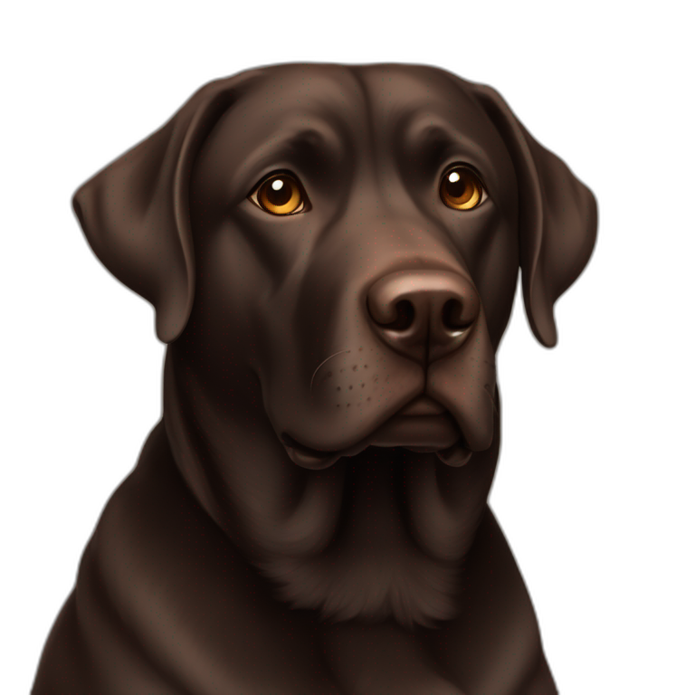 5 years old, female, Chubby dark brown english lab, tired face, looking at you confused emoji
