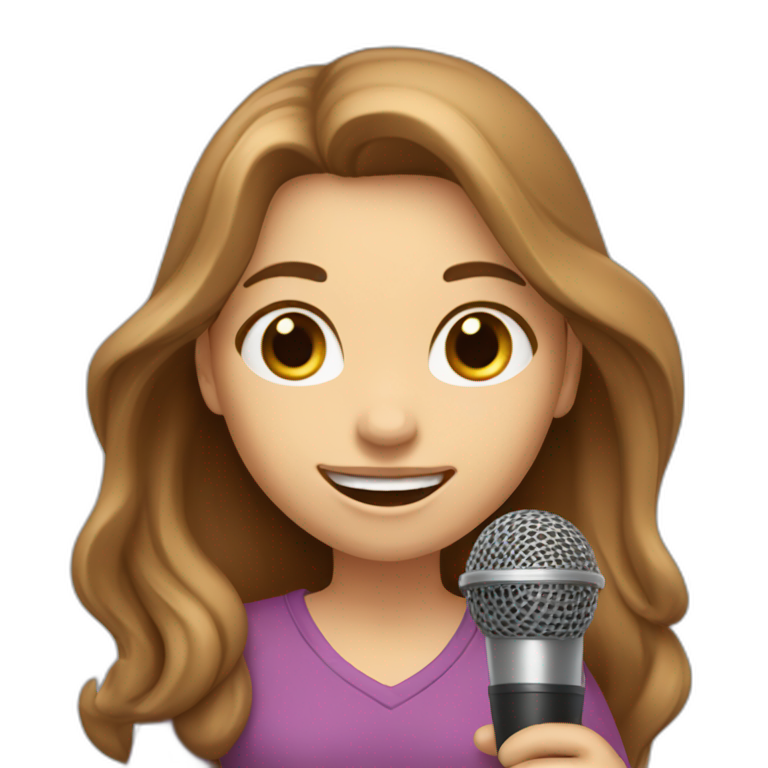 Caucasian girl with long Brown hair holding a michophone singing happy emoji