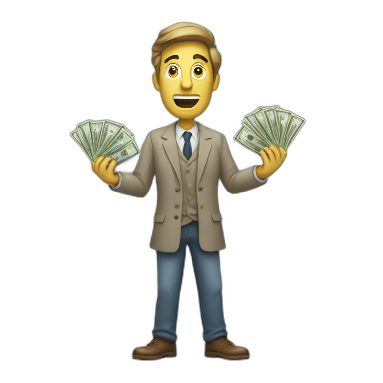 greedy standing man wqith money in his both hands emoji