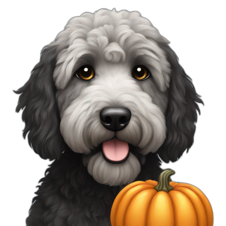 A black goldendoodle with grey spots, sitting next to a pumpkin emoji