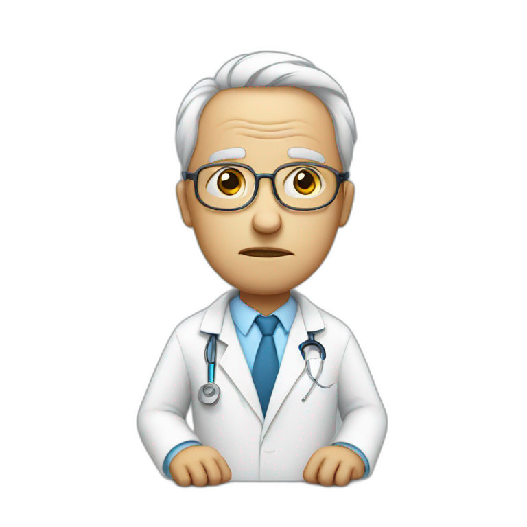 sad bowing man in lab coat with reading glasses emoji