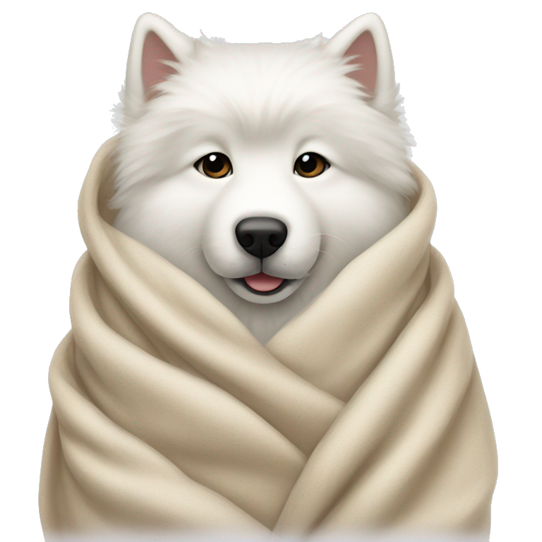 white samoyed cozy in beige blanket emoji AI Emoji Generator