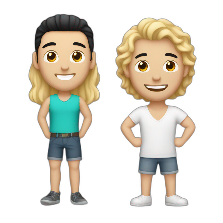 Gay couple, 1 guy Latino black straight black hair and 1 Australian white guy with blonde slightly curly hair holding a cat emoji