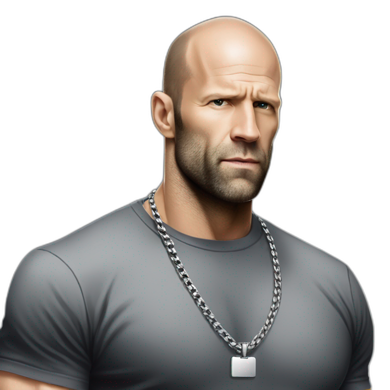 Jason Statham wearing men silver chain on a black tshirt,styled,cool emoji