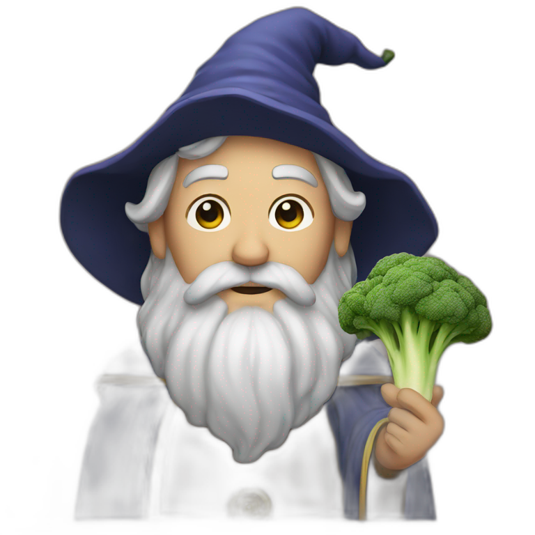 A wizard holding a broccoli emoji
