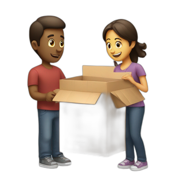 A man giving a girl a package with the word attention on it emoji