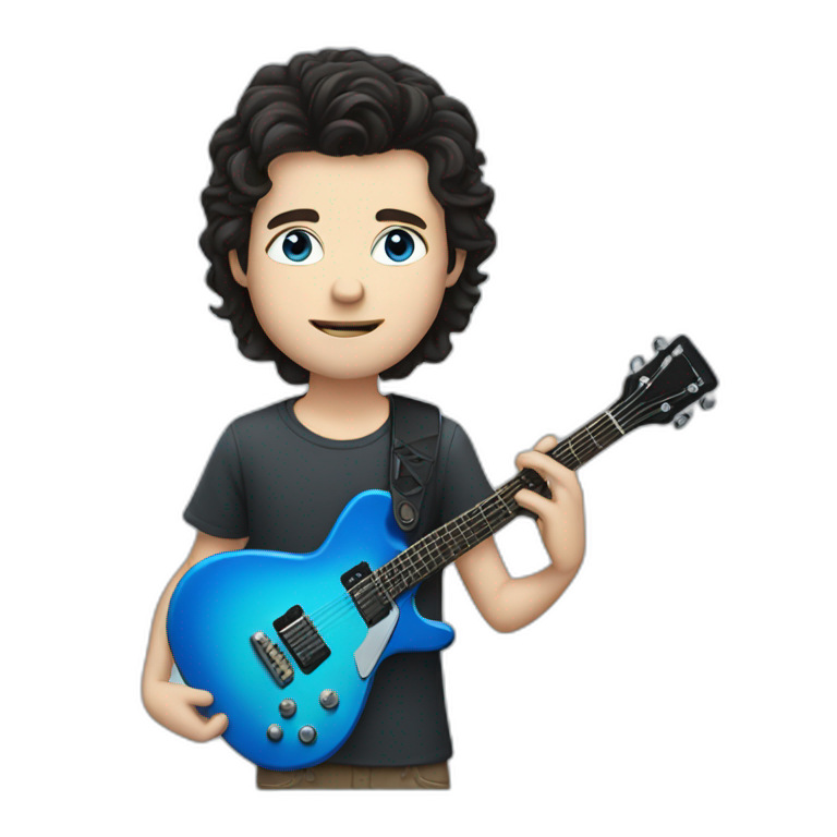 white boy with dark hair and blue eyes, with guitar emoji