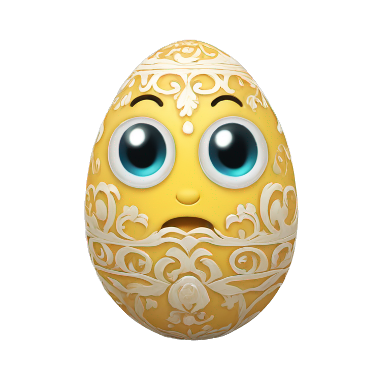 an open egg with intricate ornaments on the shell. Inside the egg, a tiny, adorable [тварина] with a gentle and curious expression gazes out with eyes that sparkle with wonder and discovery. emoji