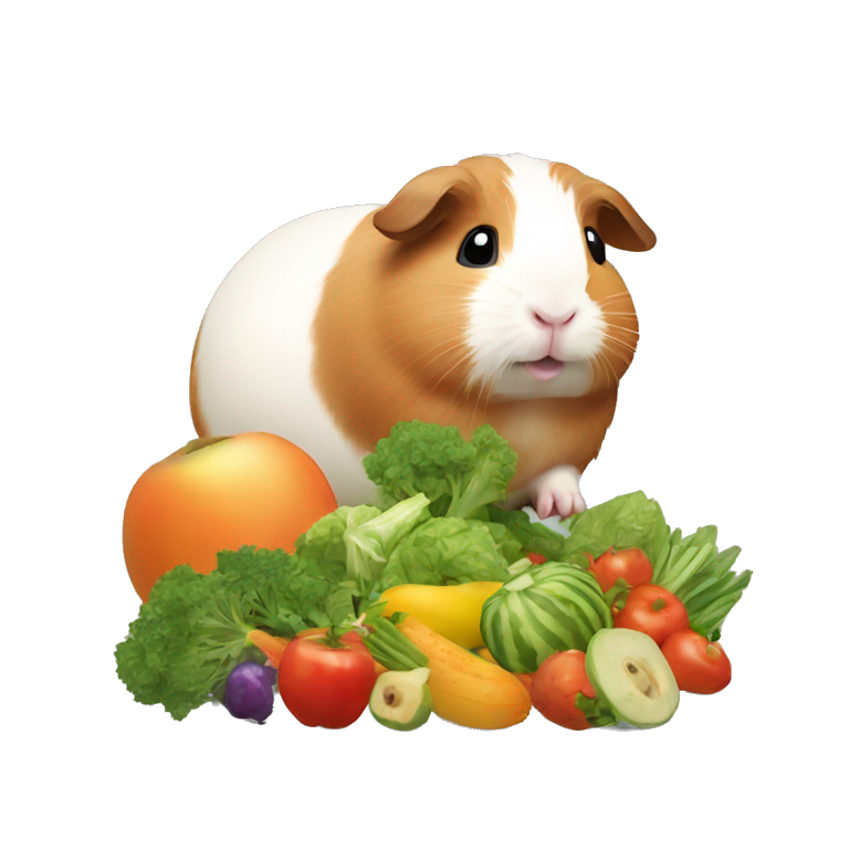 Guineapig playing and eating a huge pile of veggies and fruit emoji