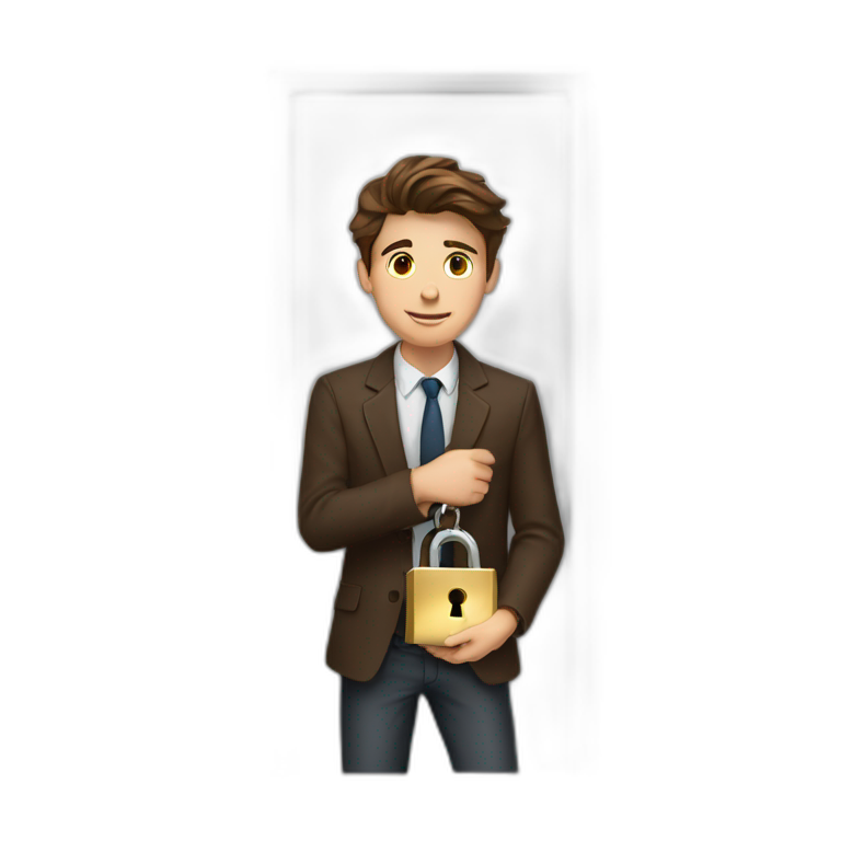Classy young man brown-haired, struggling to get a key into a lock. emoji