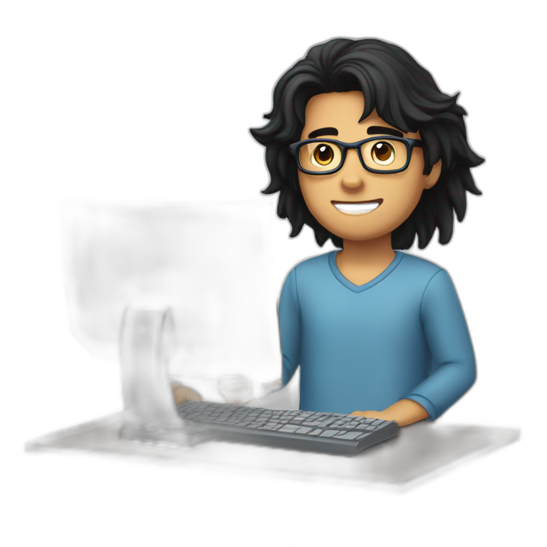 a young man with long black hair, with goatee, wearing glasses sitting with a computer, his arms up,cheering emoji