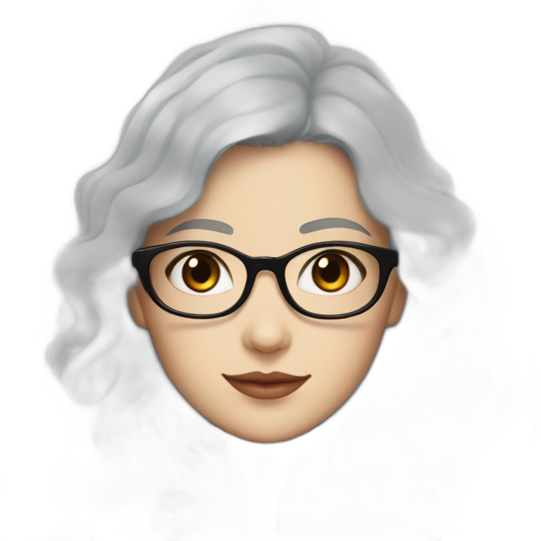 A girl in Black coat with glasses with gray-blue eyes, white skin and curly black hair and aristocratic high cheekbone emoji