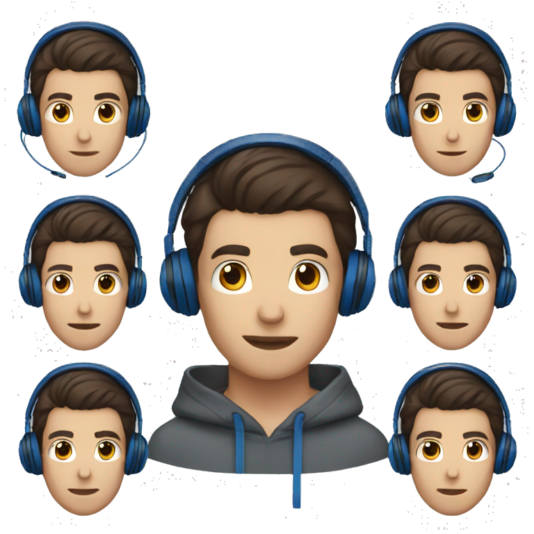 male's face, dark brown hair, dark brown eyes, headphones, blue hoodie emoji
