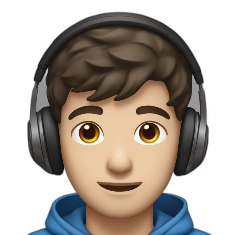 male, dark brown hair, dark brown eyes, headphones, blue hoodie emoji