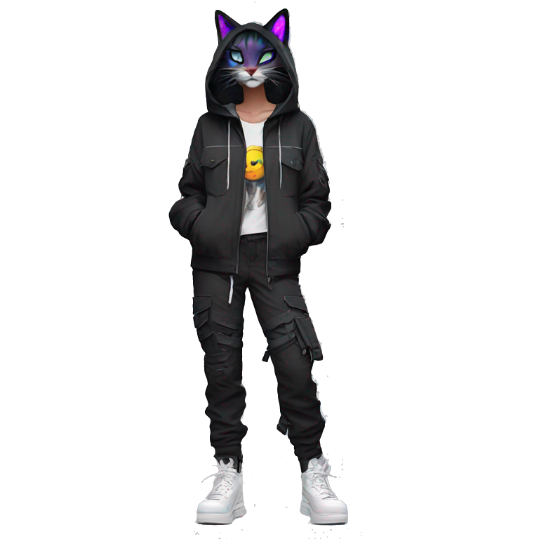 Edgy Anthro cool pretty colorful dark cat-fursona techwear cargo pants hoodie emoji